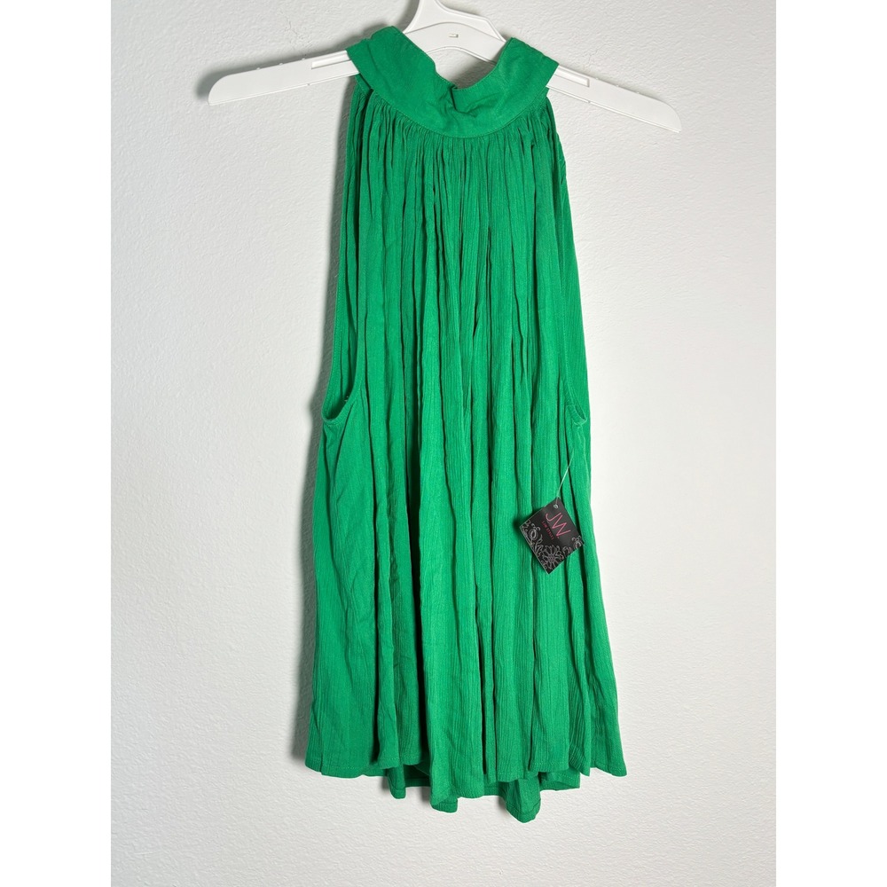 JW Style Green Pleated Halter Top Mock Neck Keyhole Back Sleeveless Blouse Large